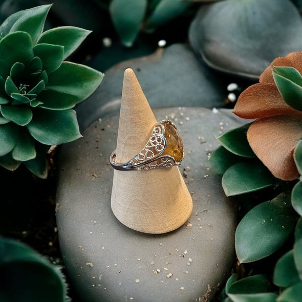 One-of-a-Kind Smooth Oval Golden Rutilated Quartz Floral Sterling Silver Ring