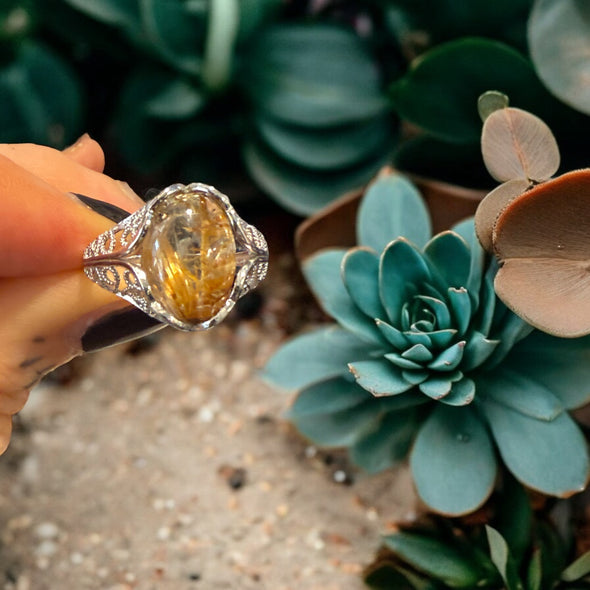 One-of-a-Kind Smooth Oval Golden Rutilated Quartz Floral Sterling Silver Ring