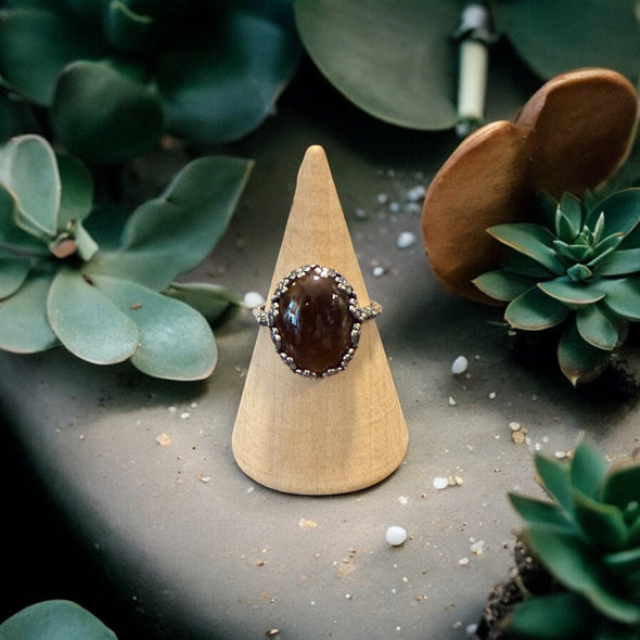 One-of-a-Kind Smooth Oval Natural Smoky Quartz Floral Bezel Sterling Silver Ring