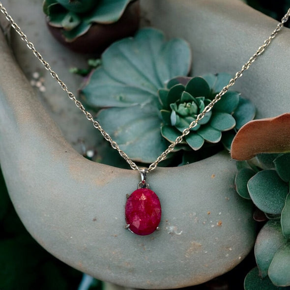 One-of-a-Kind Raw Faceted Oval Ruby Sterling Silver Necklace