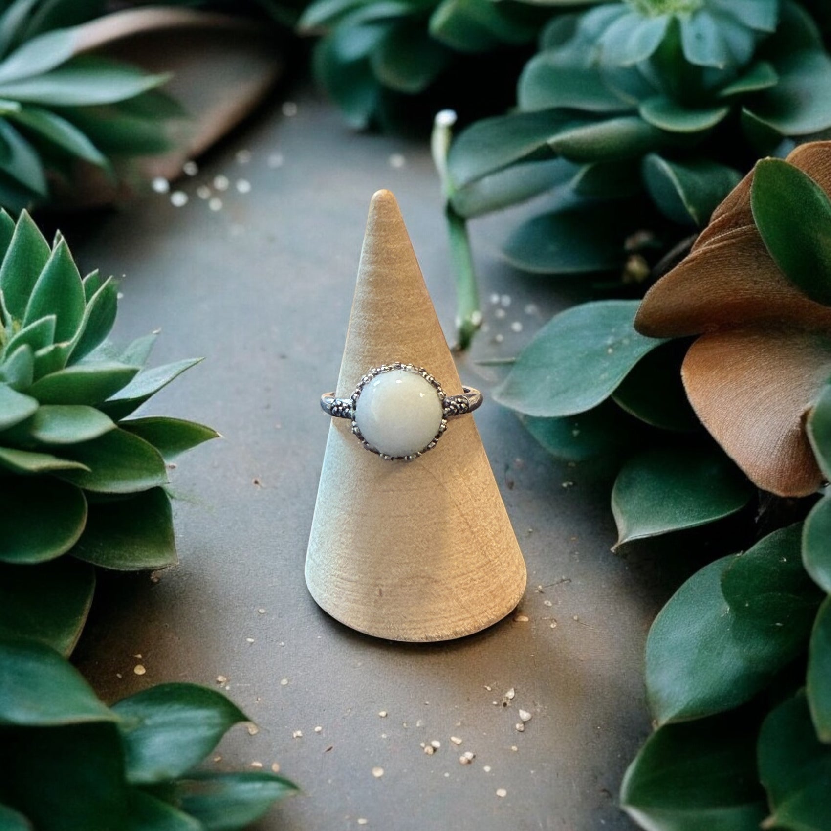 One-of-a-Kind 10mm Natural White Jade Sterling Silver Round Floral Bezel Ring