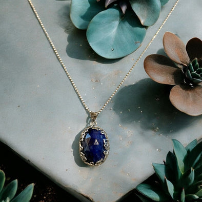 One-of-a-Kind Oval Natural Faceted Sapphire Sterling Silver Necklace