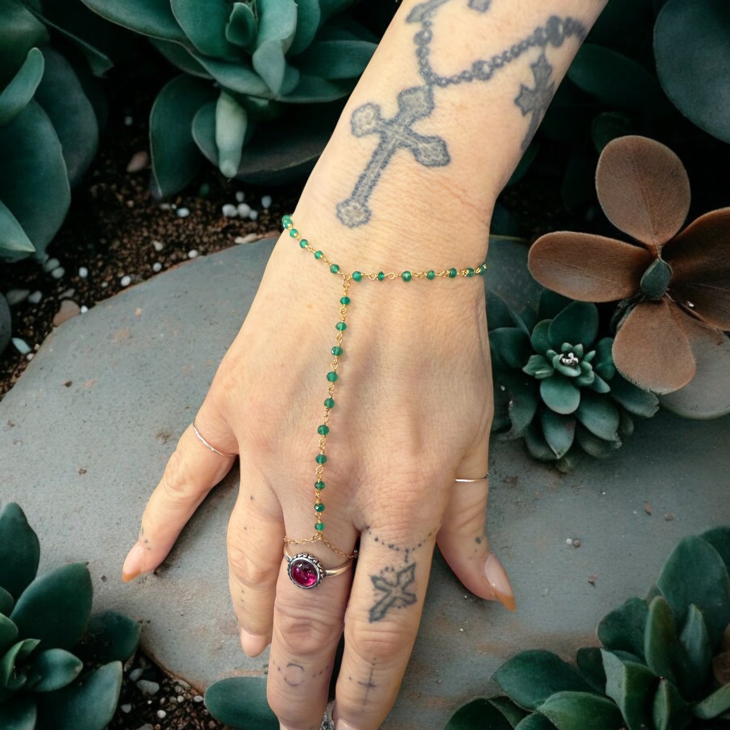 One-Of-A-Kind Green Onyx Gemstone Hand Chain 14K GF/GP 925