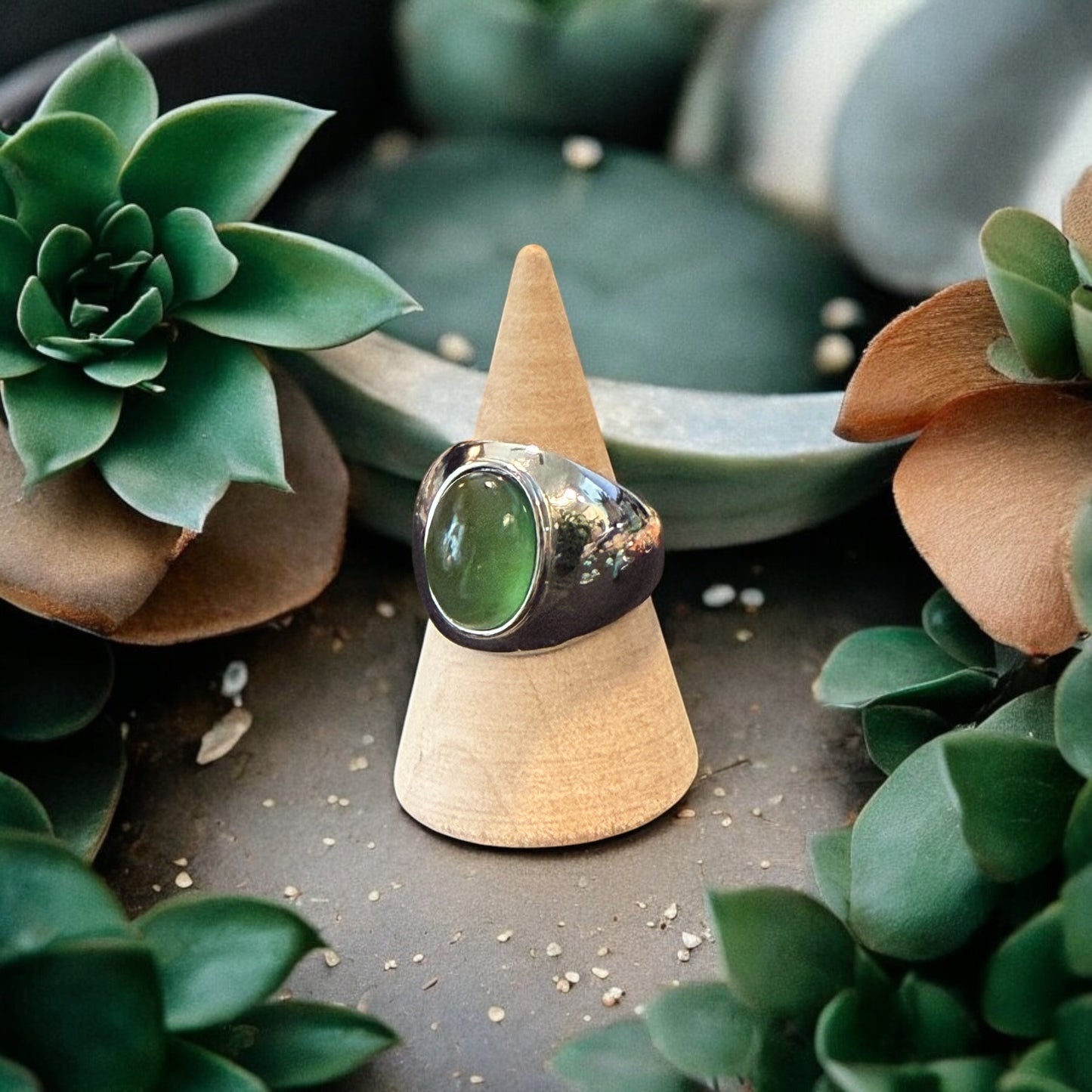 One-of-a-Kind Oval Natural Green Jade Sterling Silver Dome Adjustable Ring