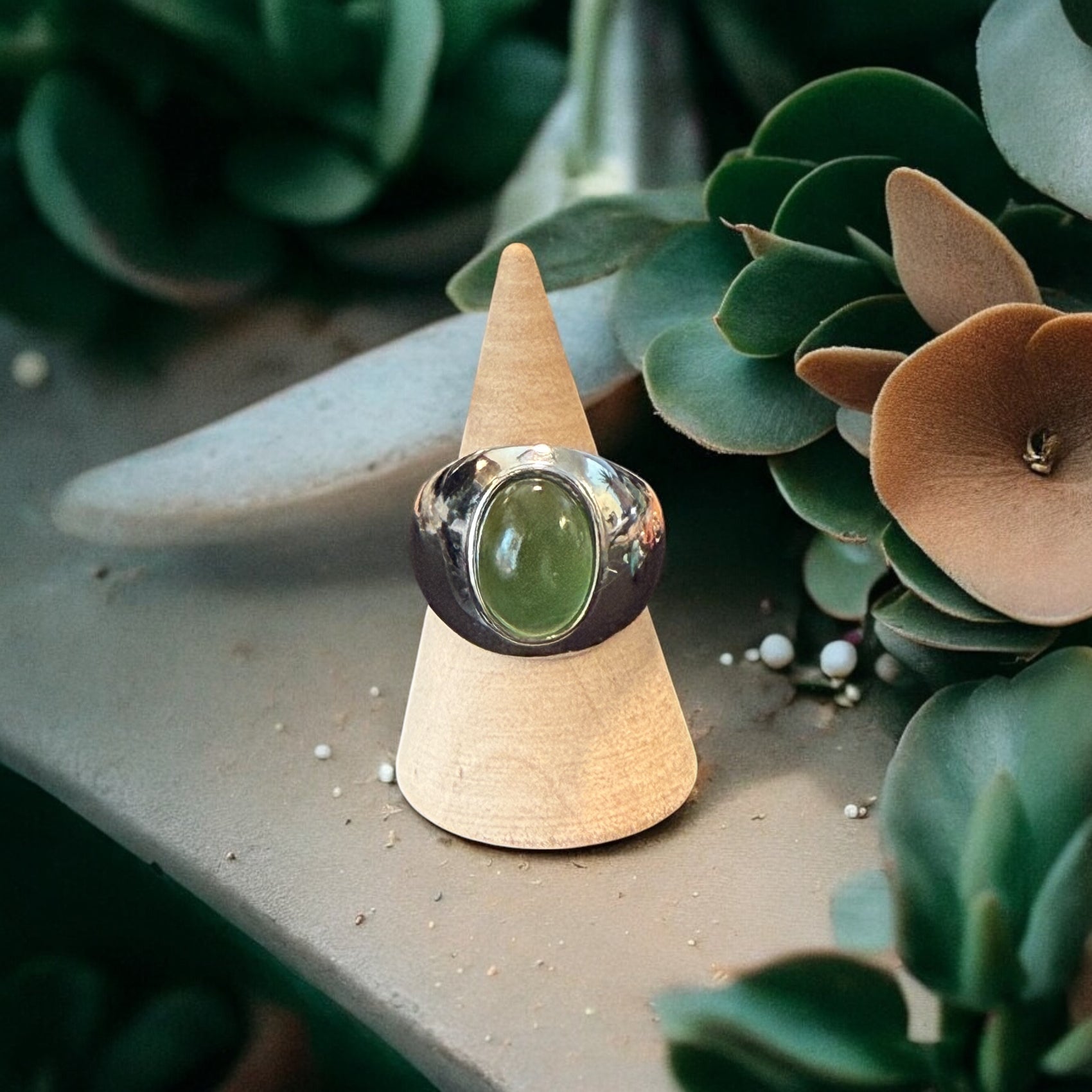 One-of-a-Kind Oval Natural Green Jade Sterling Silver Dome Adjustable Ring