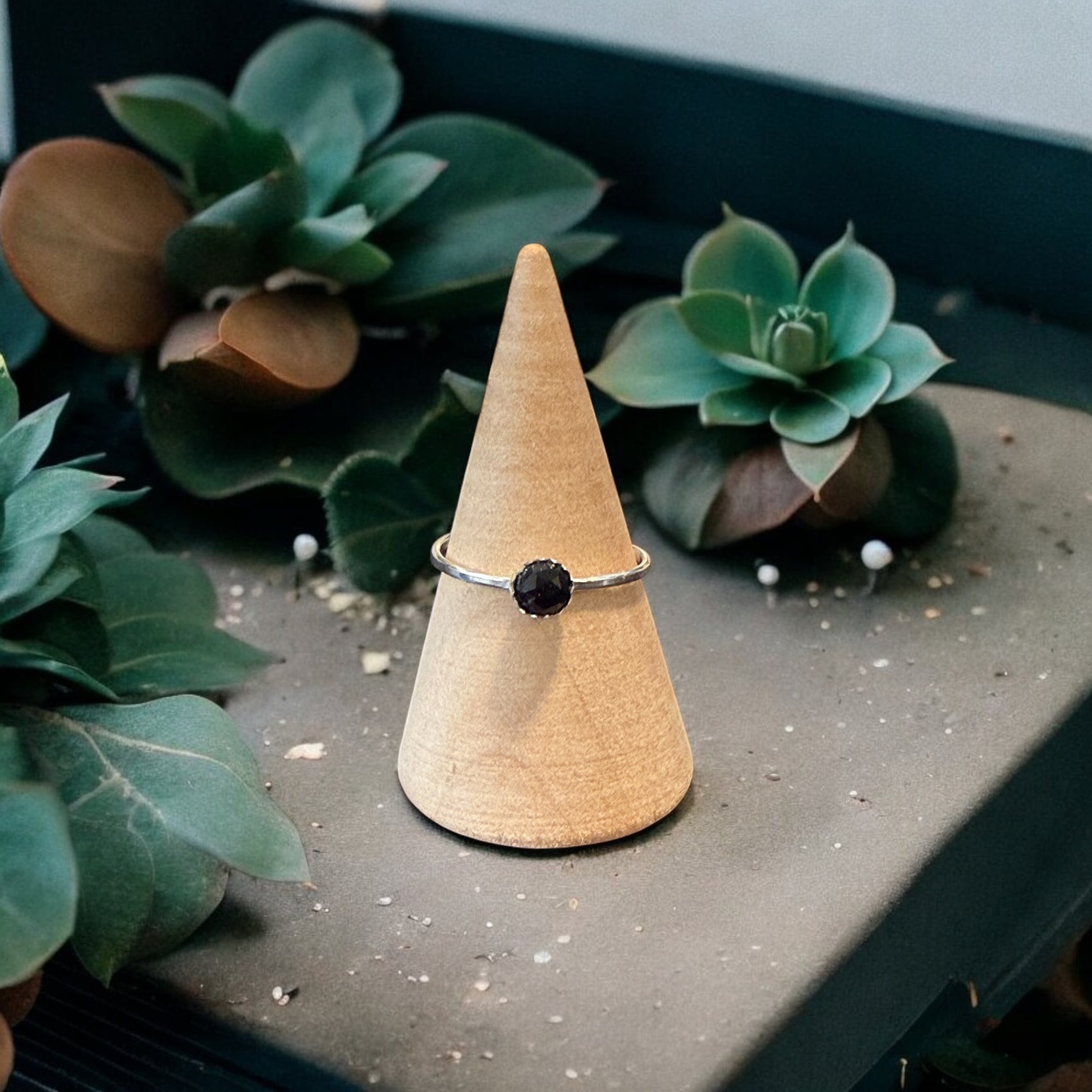 One-of-a-Kind 5mm Round Faceted Black Onyx Sterling Silver Ring