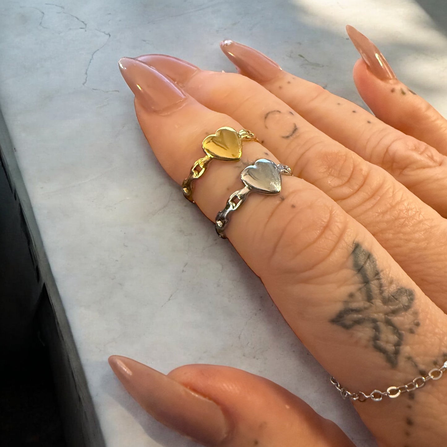 Waterproof Heart Link Adjustable Knuckle Ring Polished Stainless Steel & 14k Gold PVD Plated Stainless Steel