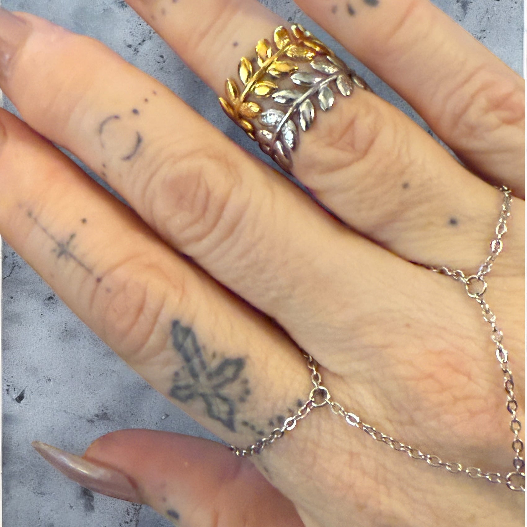 Waterproof Leaf Adjustable Knuckle Ring Polished Stainless Steel & 14k Gold PVD Plated Stainless Steel
