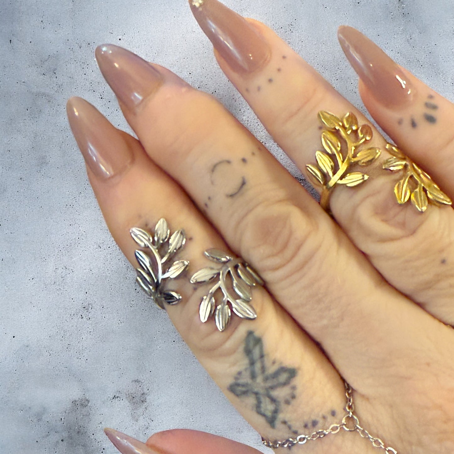 Waterproof Wide Leaf Adjustable Knuckle Ring Polished Stainless Steel & 14k Gold PVD Plated Stainless Steel