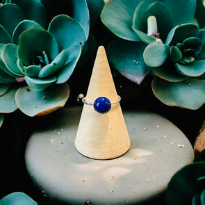One-of-a-Kind 8mm Round Lapis Gemstone Sterling Silver Simple Bezel Set Ring