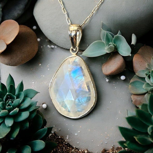 One-of-a-Kind Abstract Teardrop Faceted Rainbow Moonstone Sterling Silver Necklace