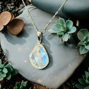 One-of-a-Kind Abstract Teardrop Faceted Rainbow Moonstone Sterling Silver Necklace
