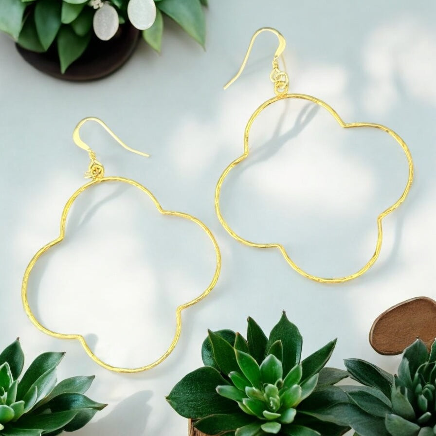 One-of-a-Kind 46mm Hammered Clover Drop Earrings Sterling Silver or 14K Gold Plated Sterling Silver