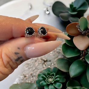 One-of-a-Kind 5mm Round Faceted Black Onyx Sterling Silver Scrolled Stud Earrings