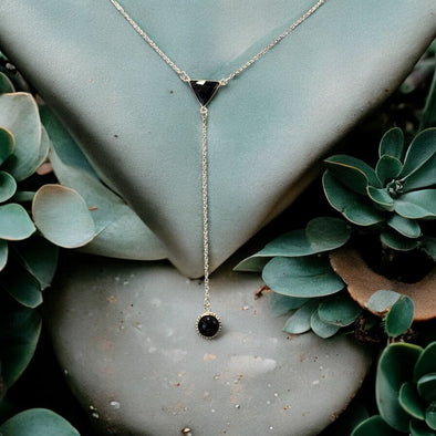 One-Of-A-Kind Black Onyx Faceted Triangle Lariat Drop Necklace Sterling Silver