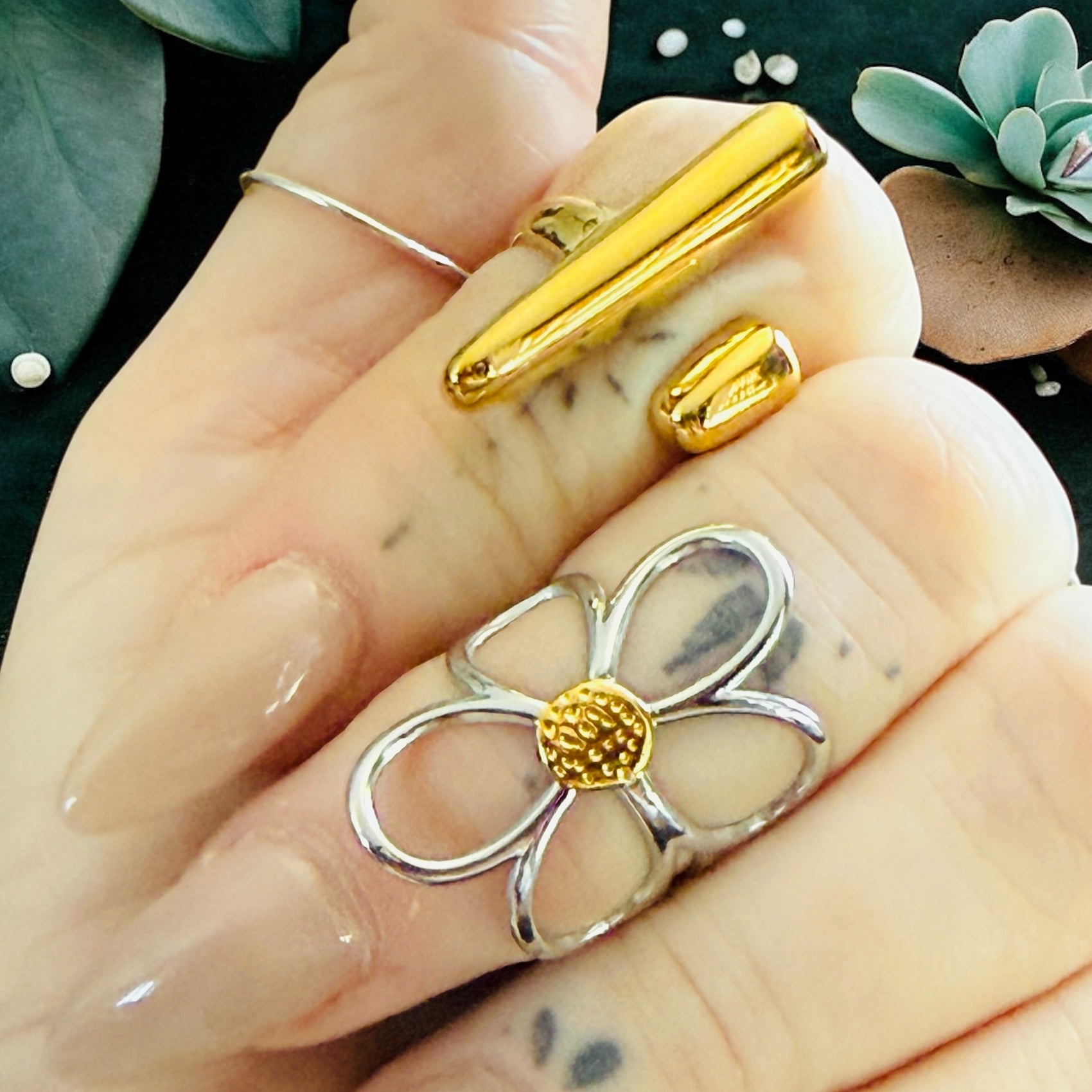 Waterproof Abstract Bar Ring Polished Stainless Steel & 18k Gold PVD Plated Stainless Steel