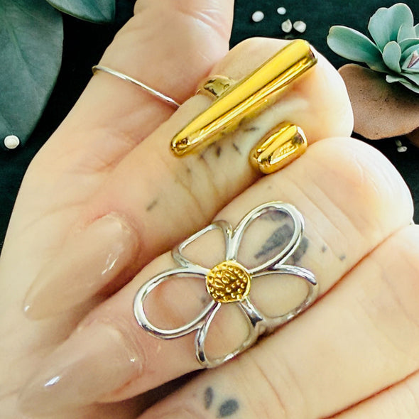 Waterproof Abstract Bar Ring Polished Stainless Steel & 18k Gold PVD Plated Stainless Steel