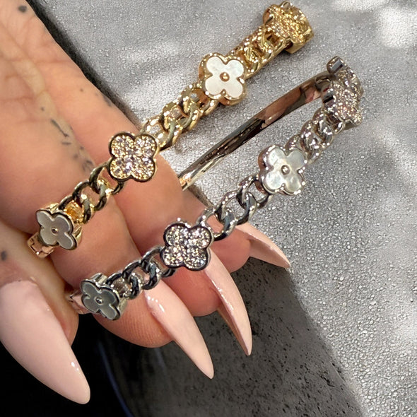 Zircon & Mother of Pearl Clover Link Bangle Bracelet (Hinged)