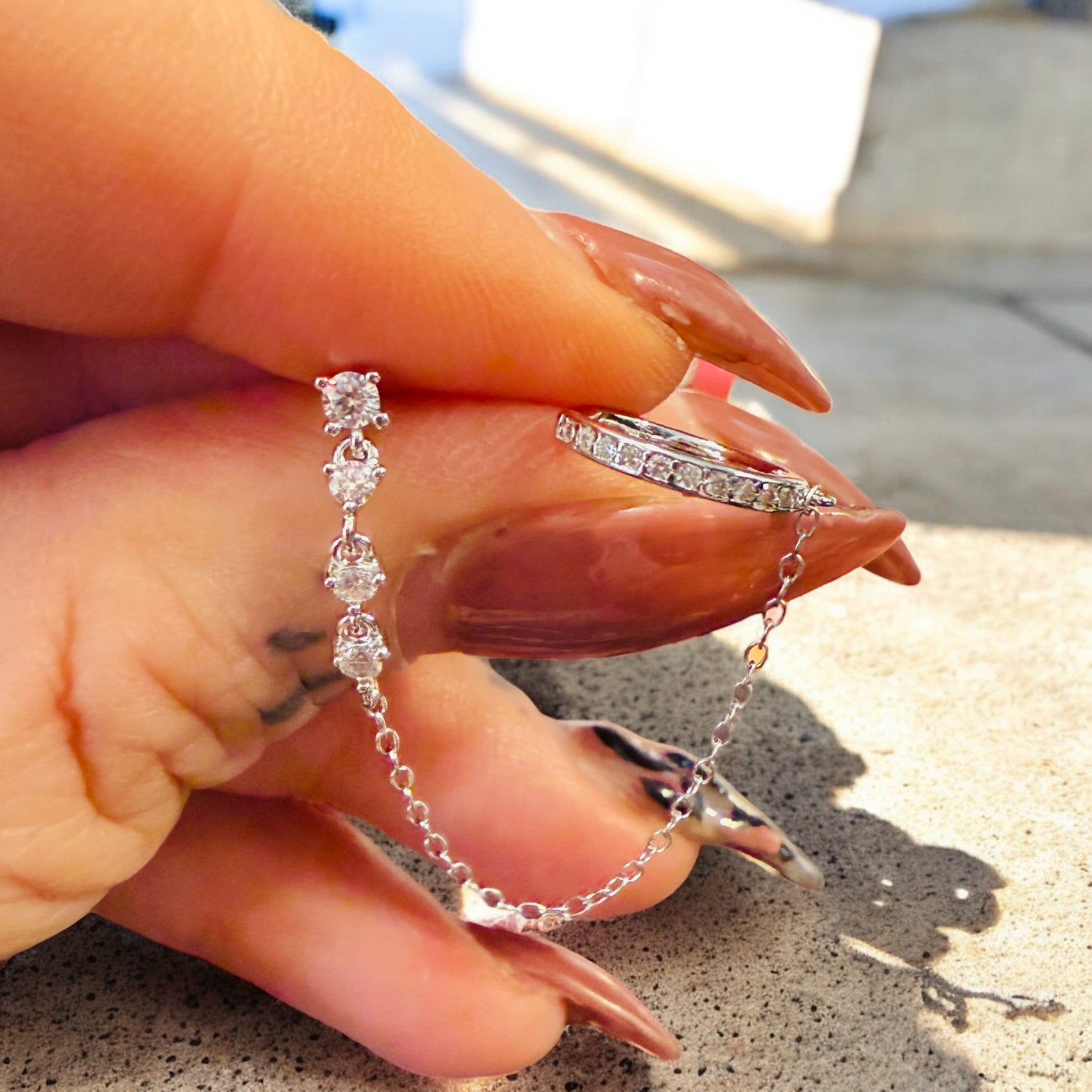 Waterproof Dainty Zircon & Chain Stud with Ear Cuff Solid Sterling Silver (Sold as a Single)