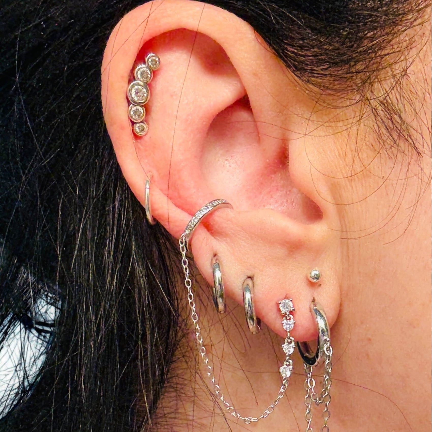 Waterproof Dainty Zircon & Chain Stud with Ear Cuff Solid Sterling Silver (Sold as a Single)
