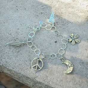 One-of-a-Kind Sterling Silver Artisan Hippie Charm Bracelet