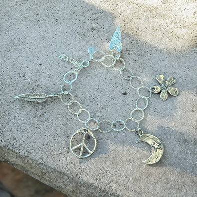 One-of-a-Kind Sterling Silver Artisan Hippie Charm Bracelet