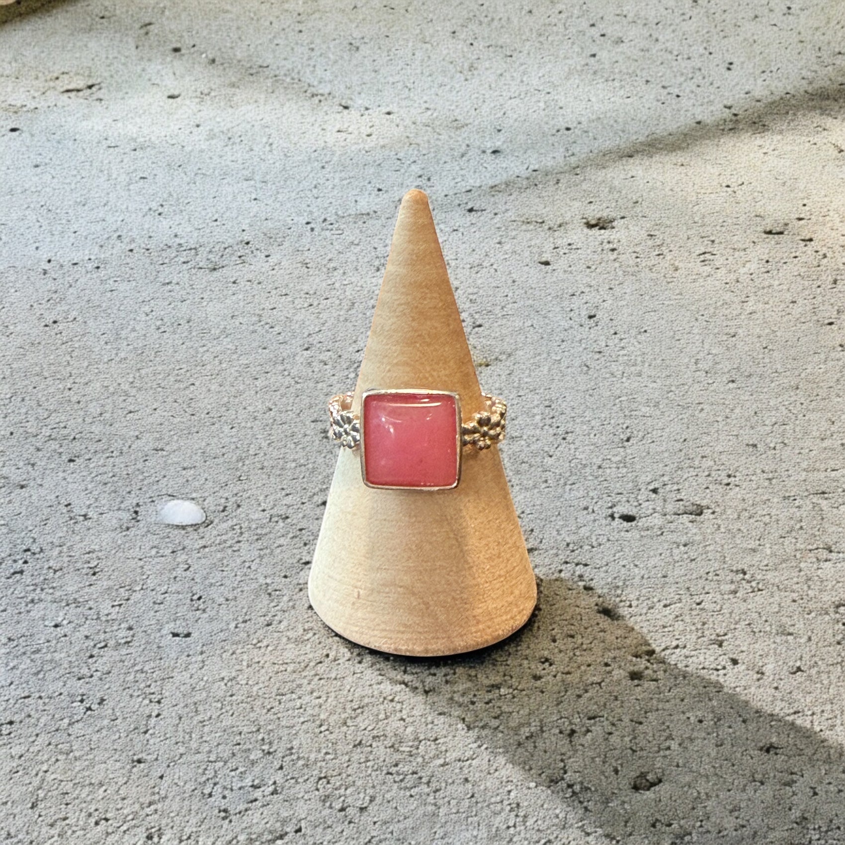 One-of-a-Kind AAA Calibrated Pink Jade Sterling Silver Square Floral Band Ring