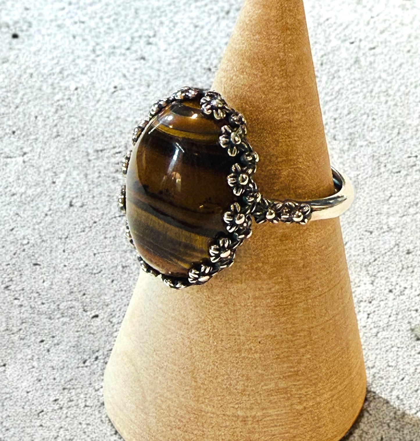 One-of-a-Kind Smooth Oval Natural Tiger Iron Floral Bezel Sterling Silver Ring