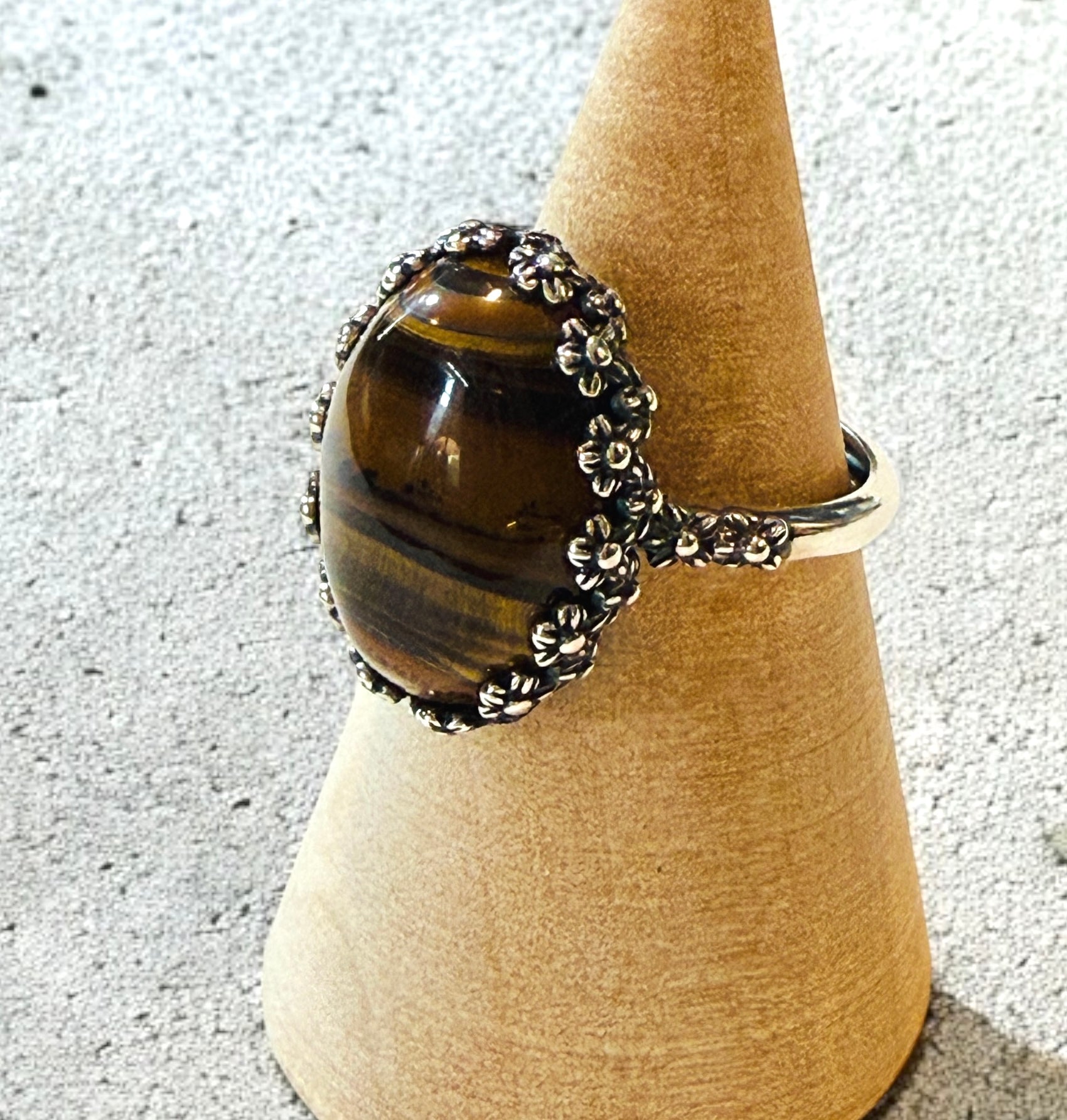 One-of-a-Kind Smooth Oval Natural Tiger Iron Floral Bezel Sterling Silver Ring