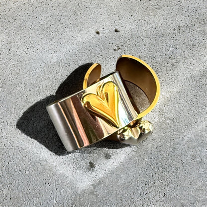 Waterproof Two-Tone Puffed Heart Ring Polished Stainless Steel & 18k Gold PVD Plated Stainless Steel