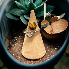 One of a Kind 8mm Round Tigers Eye Flower Sterling Silver Adjustable Ring