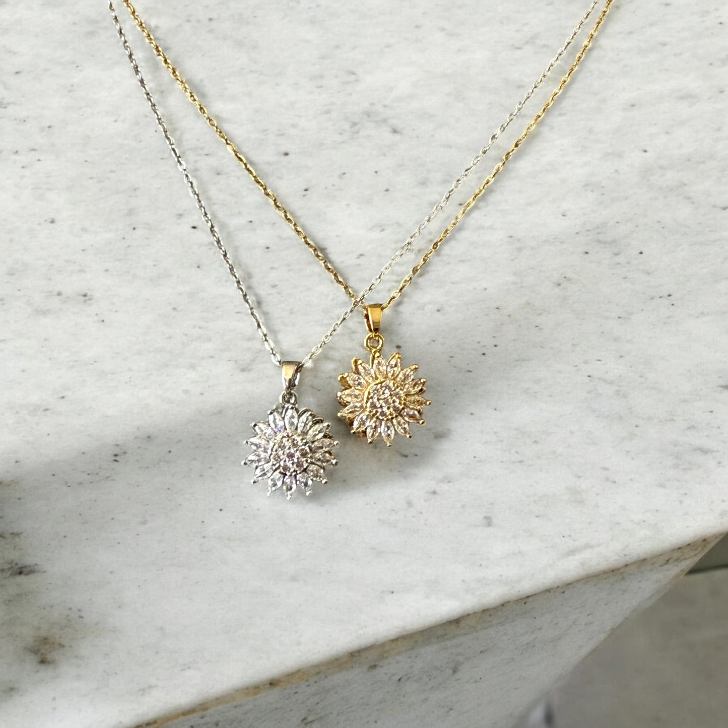 Waterproof Sunflower Spinning Sparkle Pendant Necklace