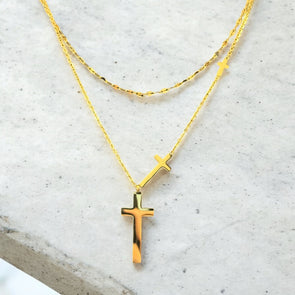 Waterproof Dainty flat link//Cable Chain Double Layer Triple Cross Pendant Necklace