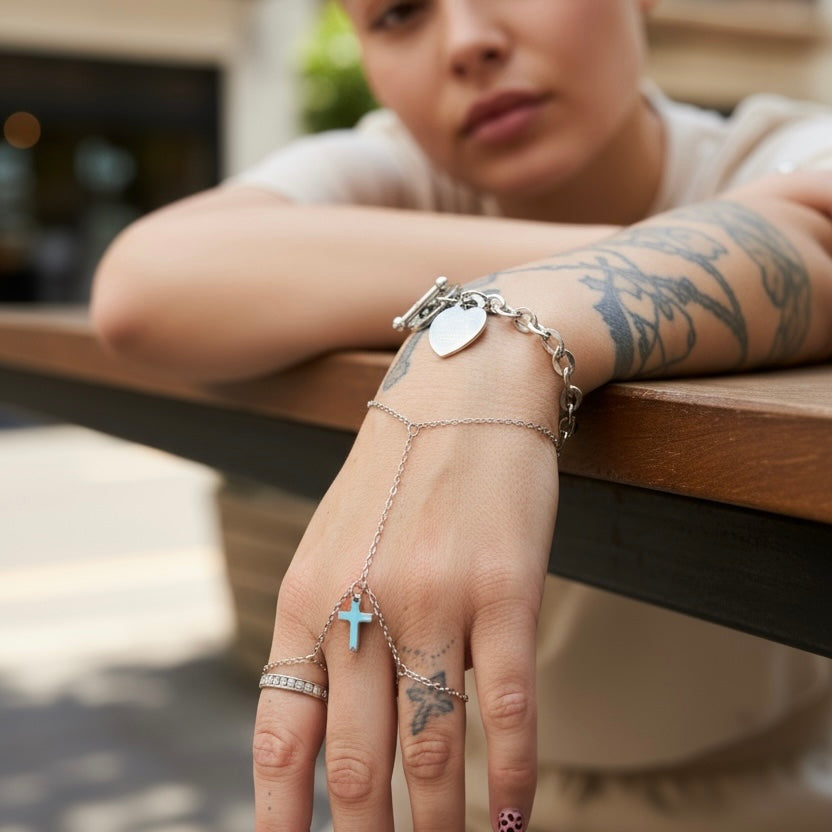 Waterproof Double Finger Cross Hand Chain Polished Stainless Steel & 14k Gold PVD Plated Stainless Steel
