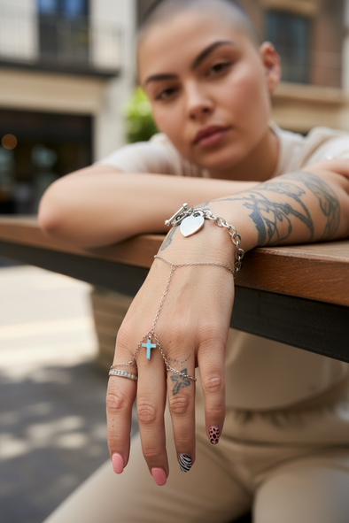 Waterproof Double Finger Cross Hand Chain Polished Stainless Steel & 14k Gold PVD Plated Stainless Steel