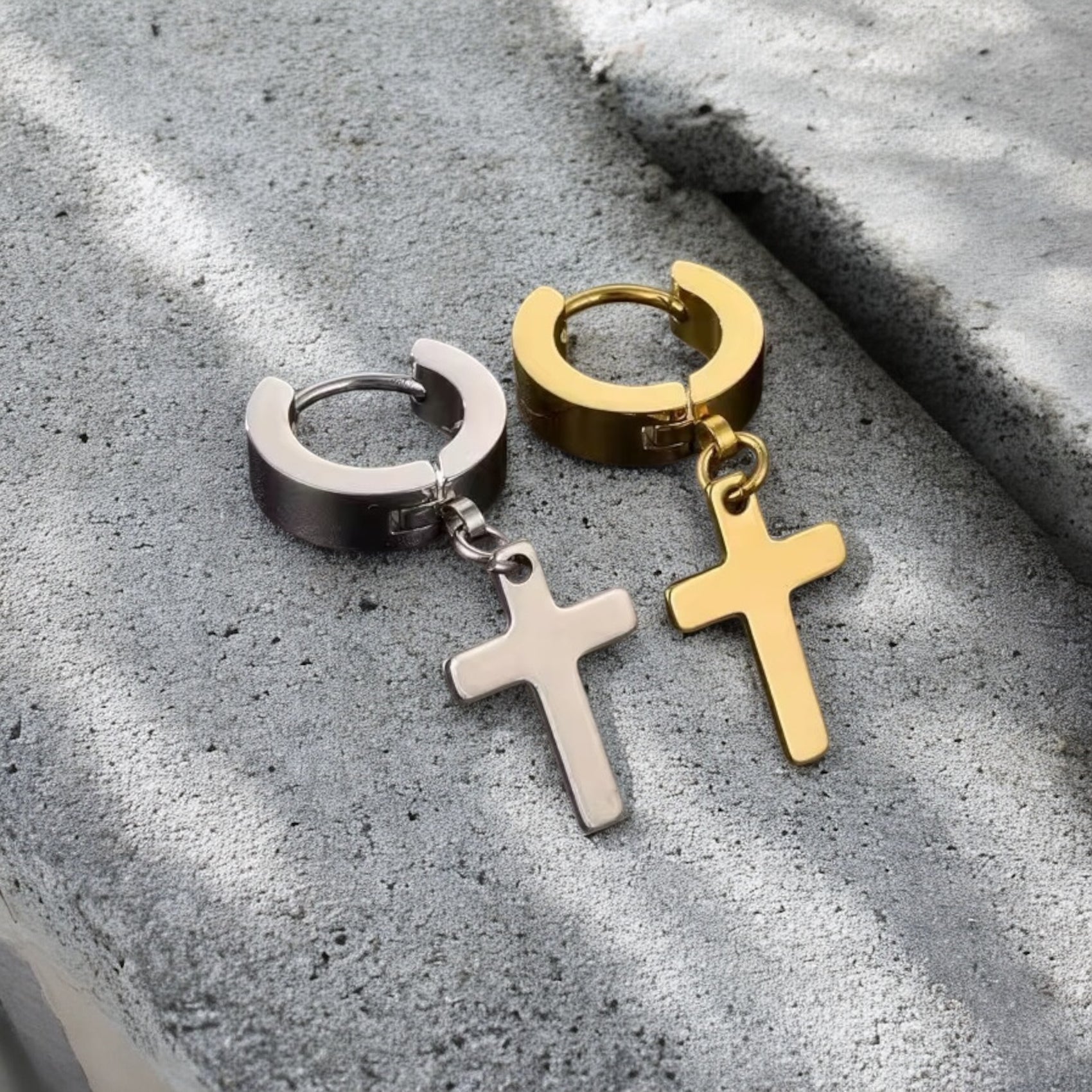 Waterproof Chunky Huggie Cross Dangle Earrings