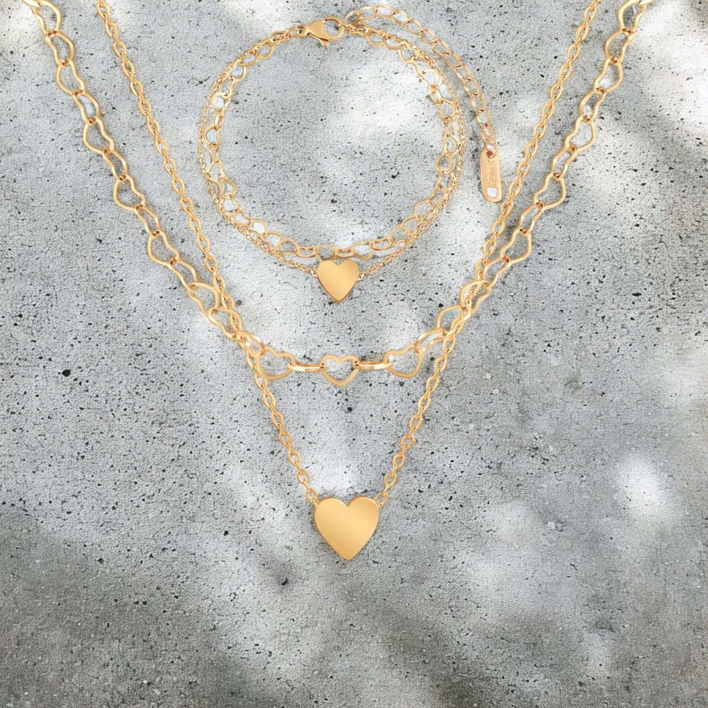 Waterproof Double Layer Heart Necklace & Bracelet Set