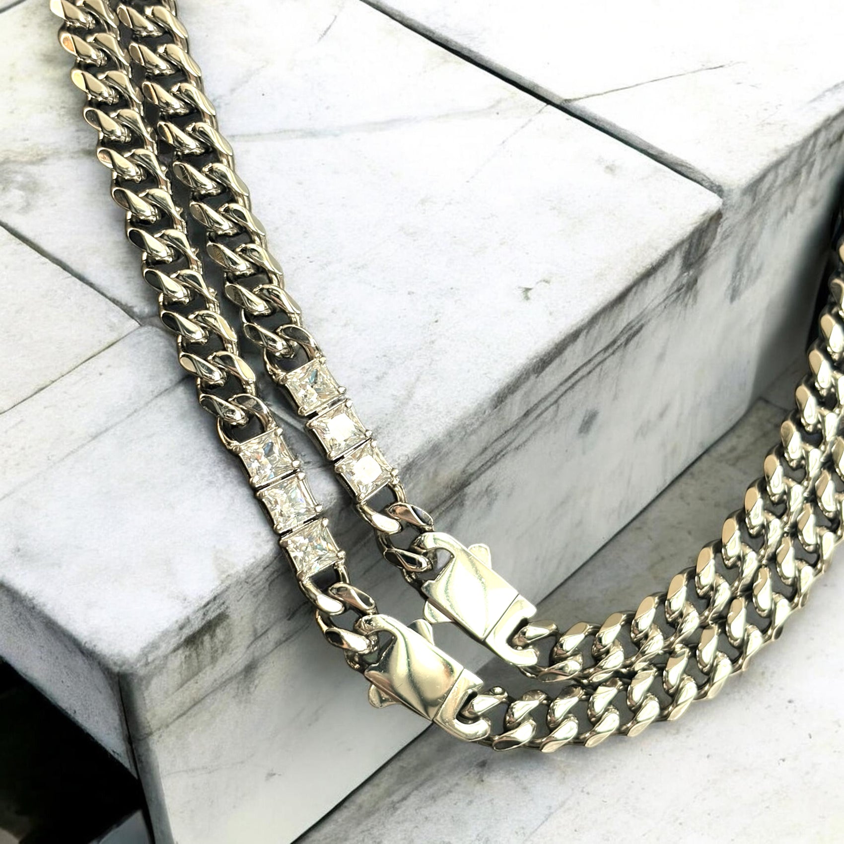 The Princess Collection - Waterproof Cuban Curb Chain Princess Cut 3 Zircon Diamond (Sold Separately)