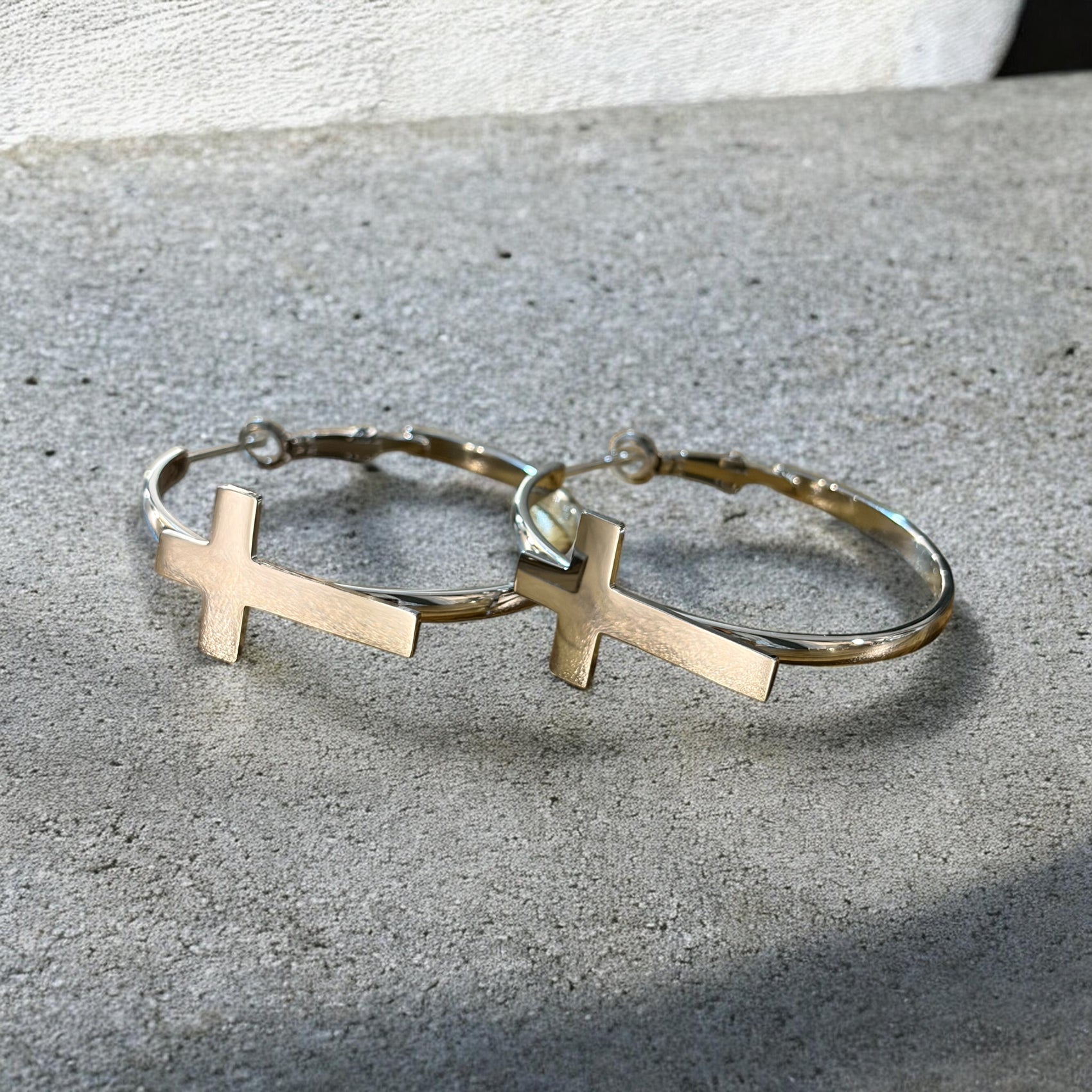 Waterproof Cross Hoop Earrings - 14K Gold or Polished PVD Plated Stainless Steel (Multiple Sizes)