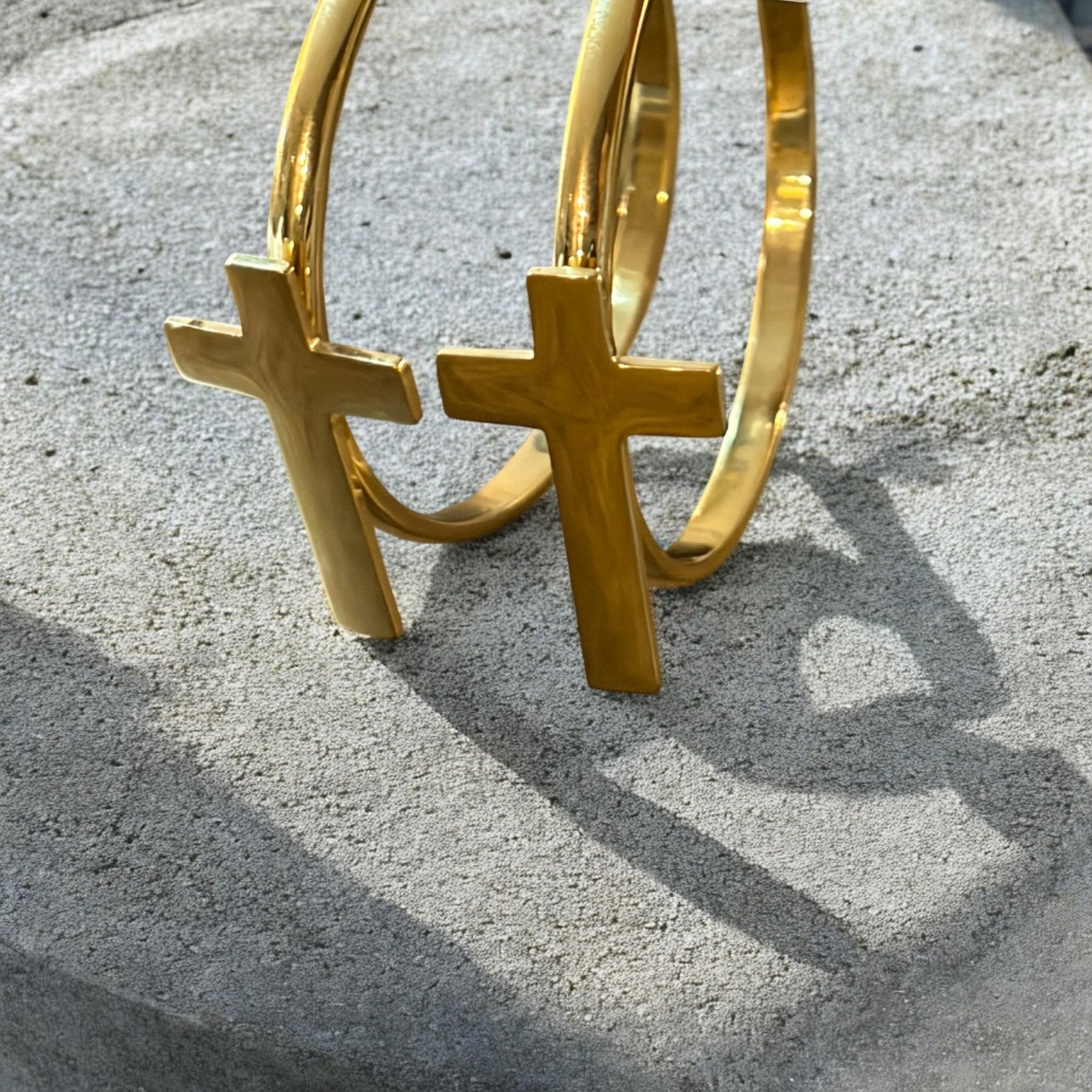 Waterproof Cross Hoop Earrings - 14K Gold or Polished PVD Plated Stainless Steel (Multiple Sizes)