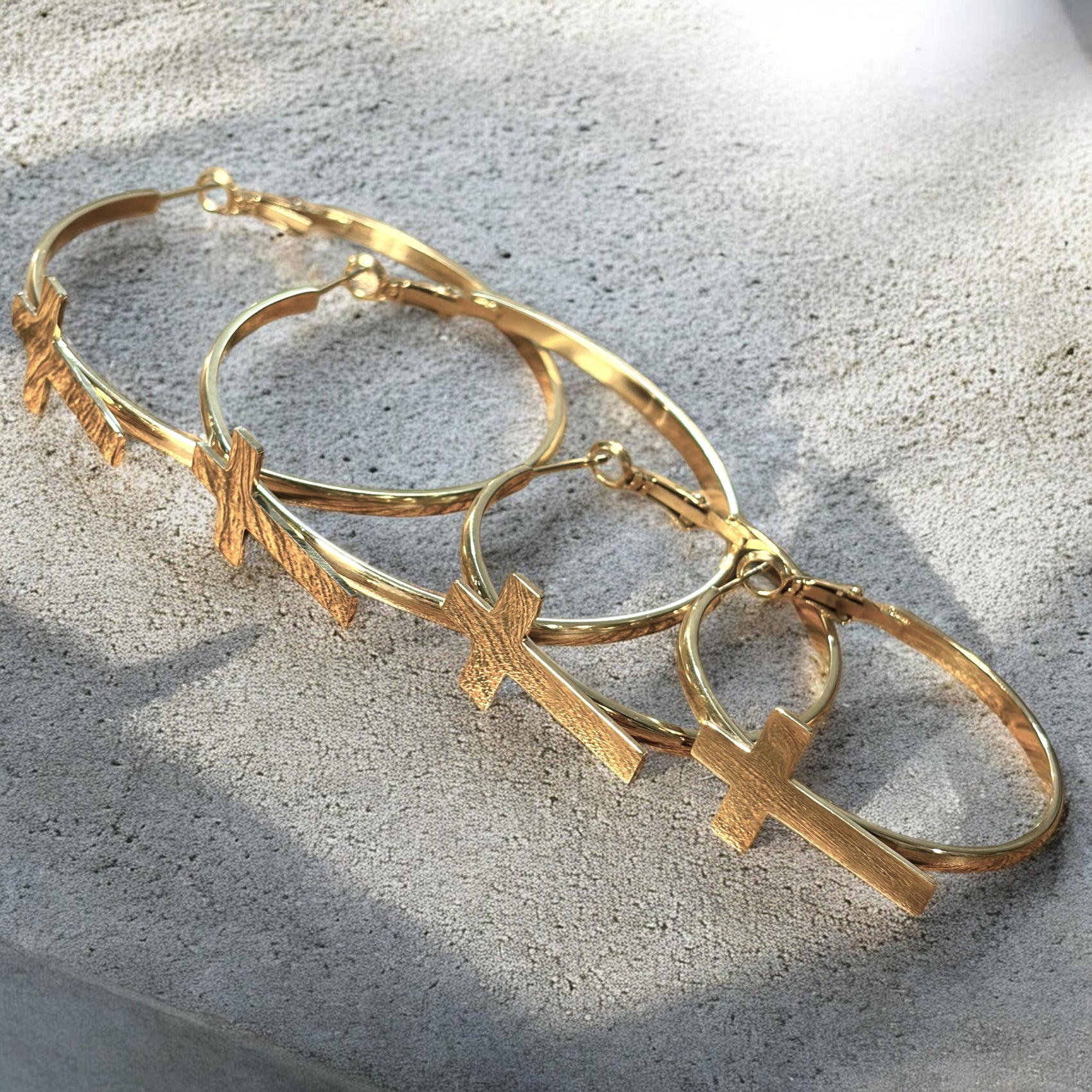 Waterproof Cross Hoop Earrings - 14K Gold or Polished PVD Plated Stainless Steel (Multiple Sizes)