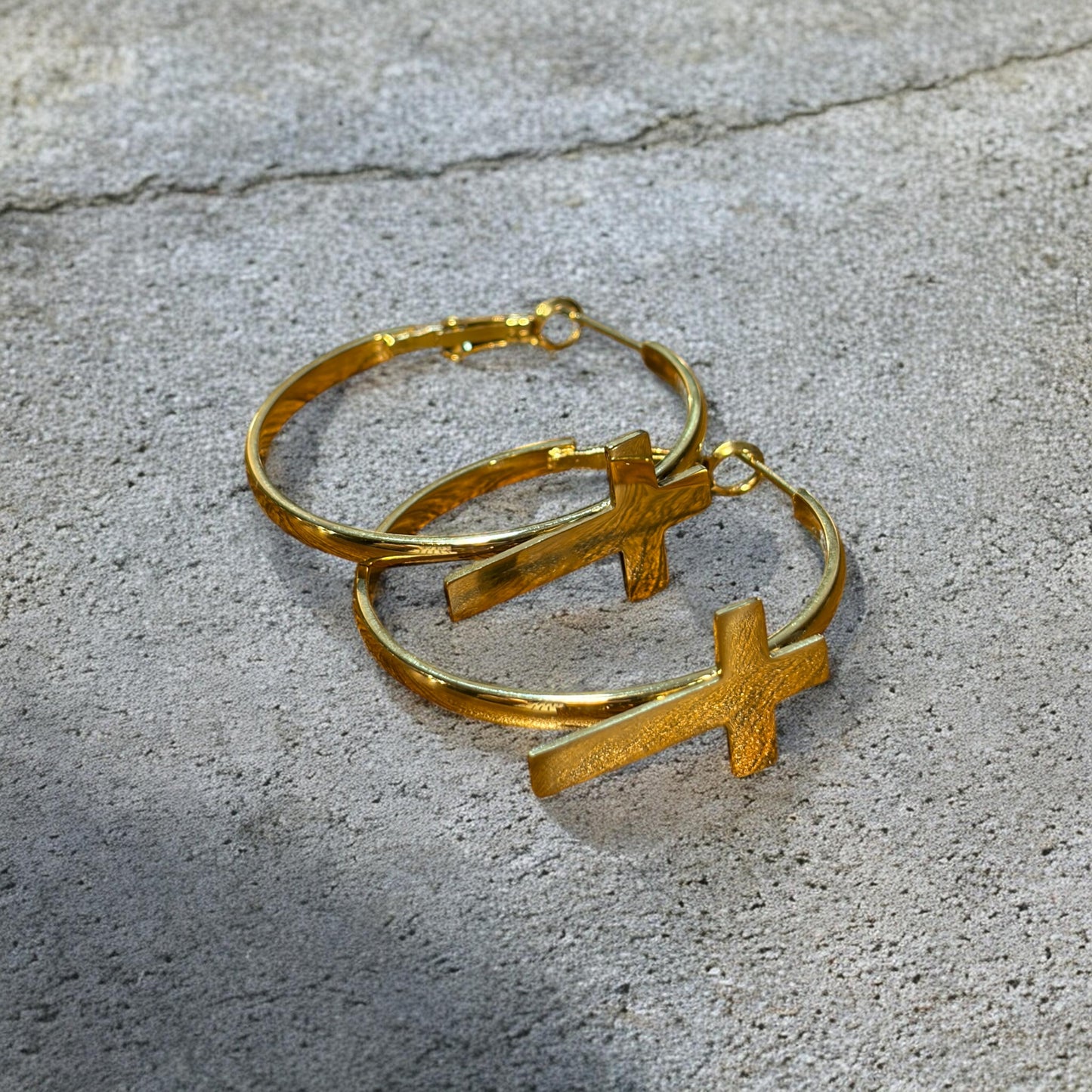 Waterproof Cross Hoop Earrings - 14K Gold or Polished PVD Plated Stainless Steel (Multiple Sizes)