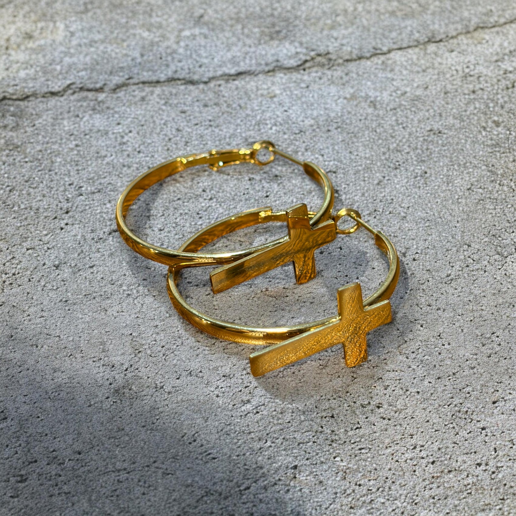 Waterproof Cross Hoop Earrings - 14K Gold or Polished PVD Plated Stainless Steel (Multiple Sizes)