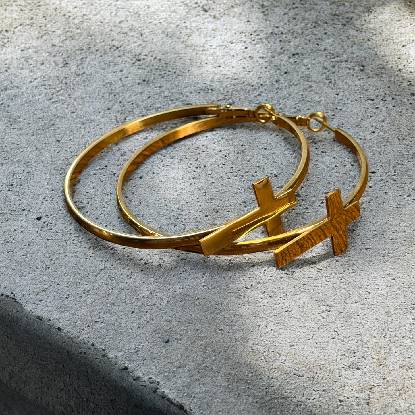 Waterproof Cross Hoop Earrings - 14K Gold or Polished PVD Plated Stainless Steel (Multiple Sizes)