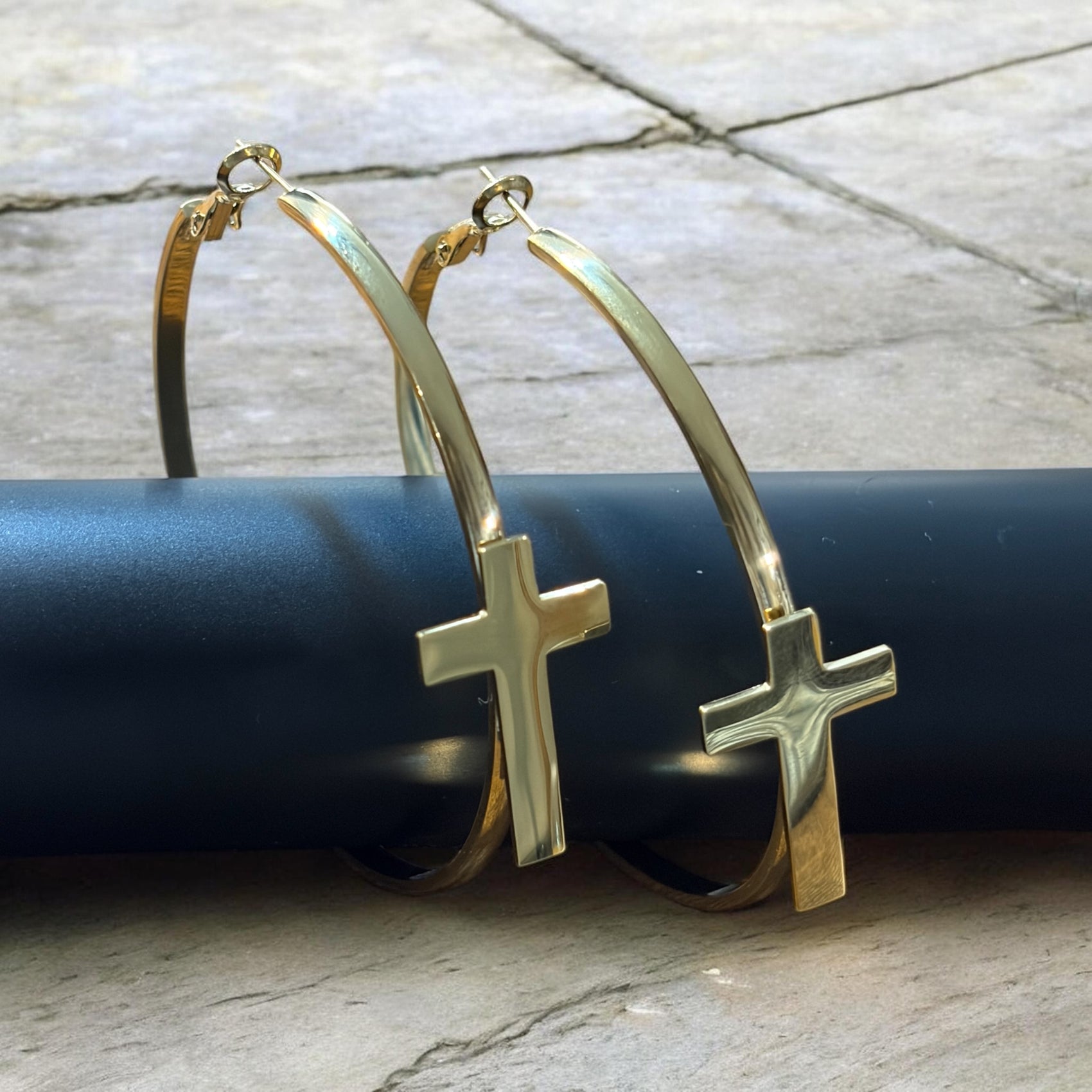Waterproof Cross Hoop Earrings - 14K Gold or Polished PVD Plated Stainless Steel (Multiple Sizes)