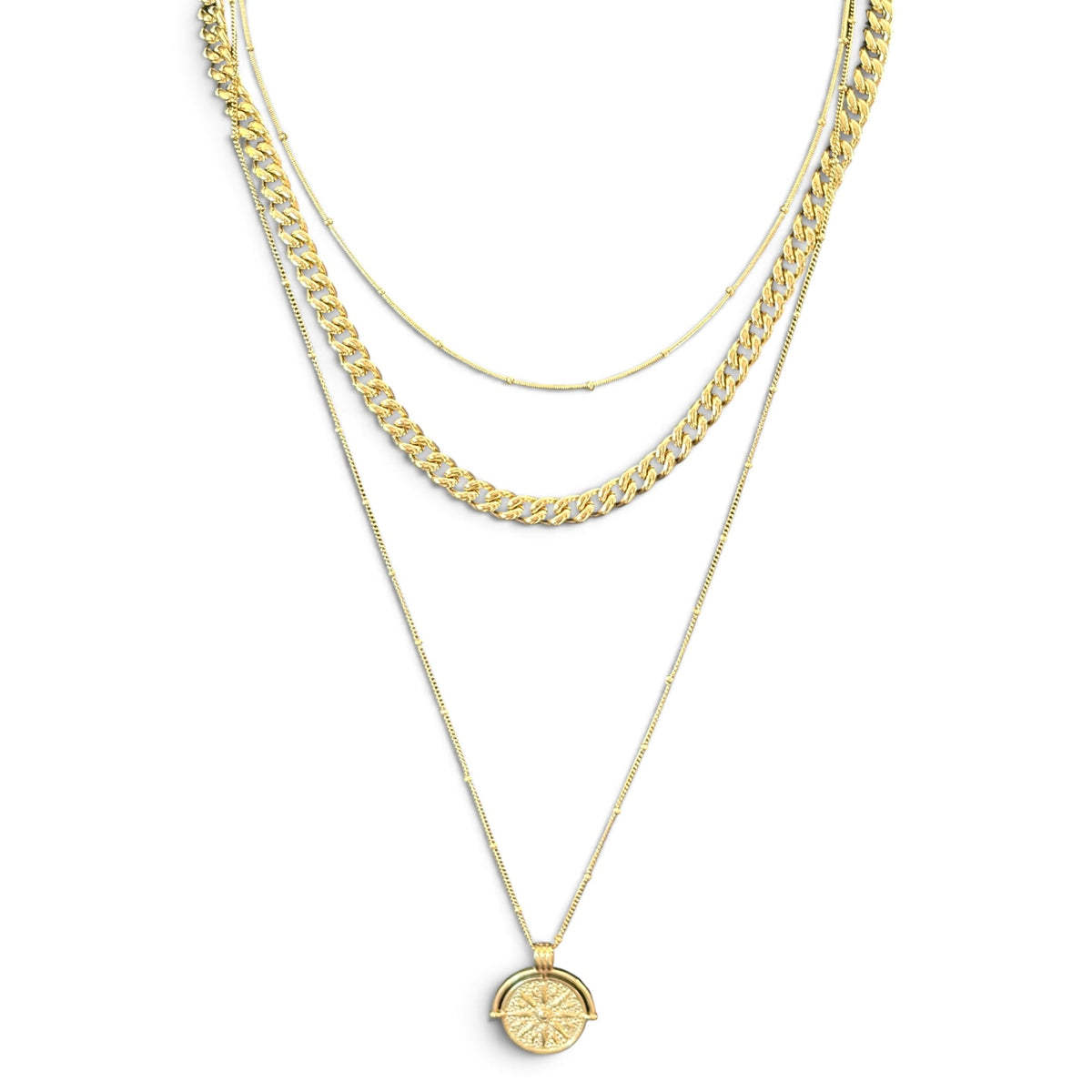 Waterproof Triple Chain Compass Necklace w/21" Chunky 10mm Cuban Curb Chain Option