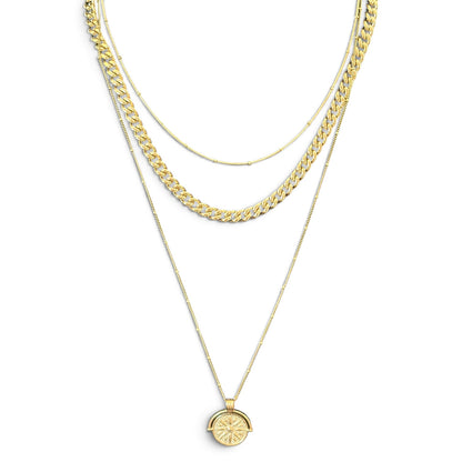 Waterproof Triple Chain Compass Necklace w/21" Chunky 10mm Cuban Curb Chain Option