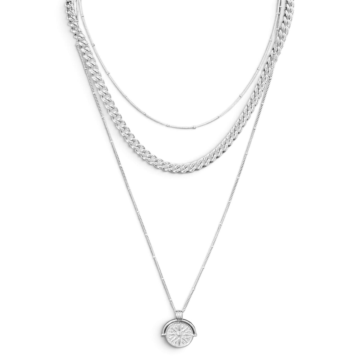Waterproof Triple Chain Compass Necklace w/21" Chunky 10mm Cuban Curb Chain Option