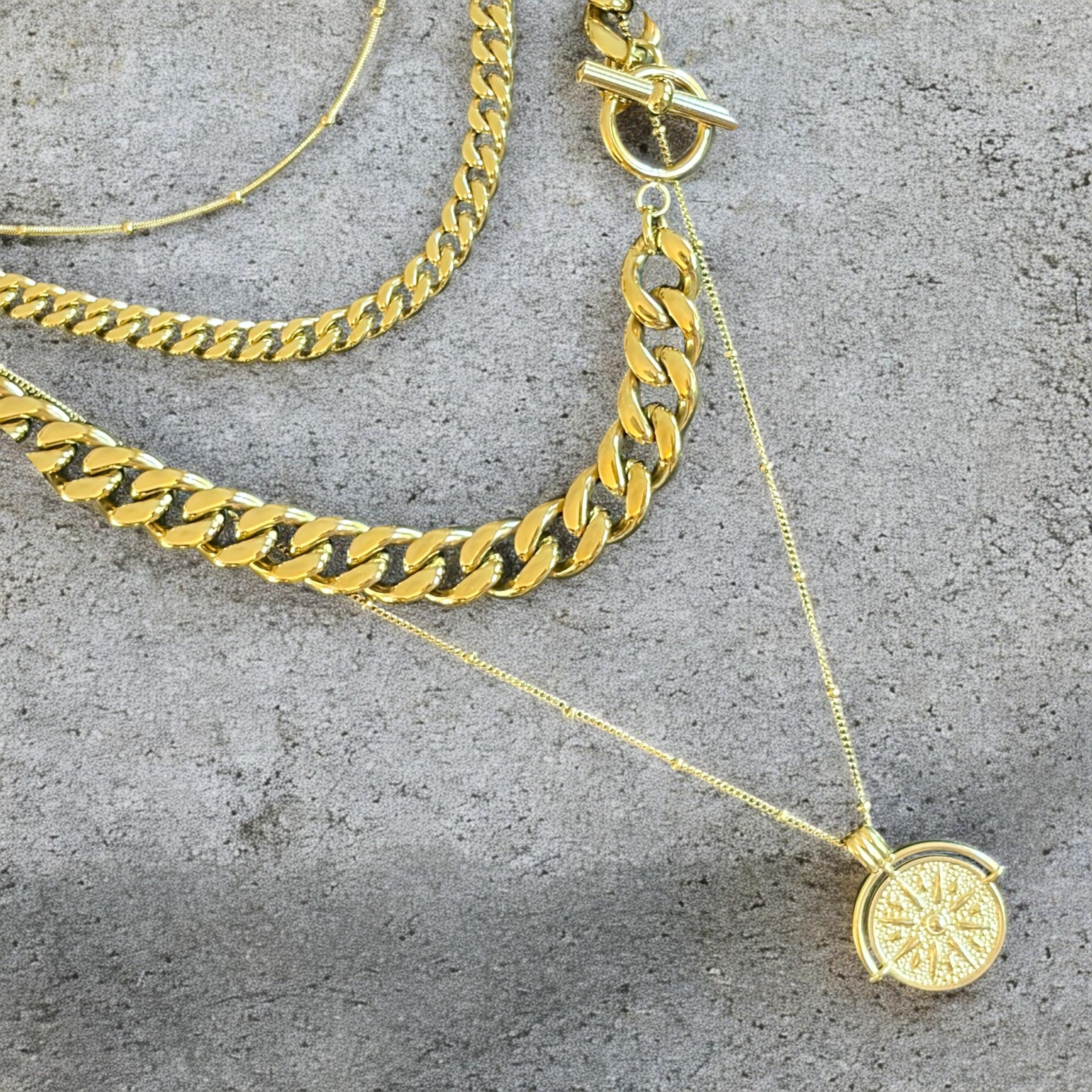 Waterproof Triple Chain Compass Necklace w/21" Chunky 10mm Cuban Curb Chain Option
