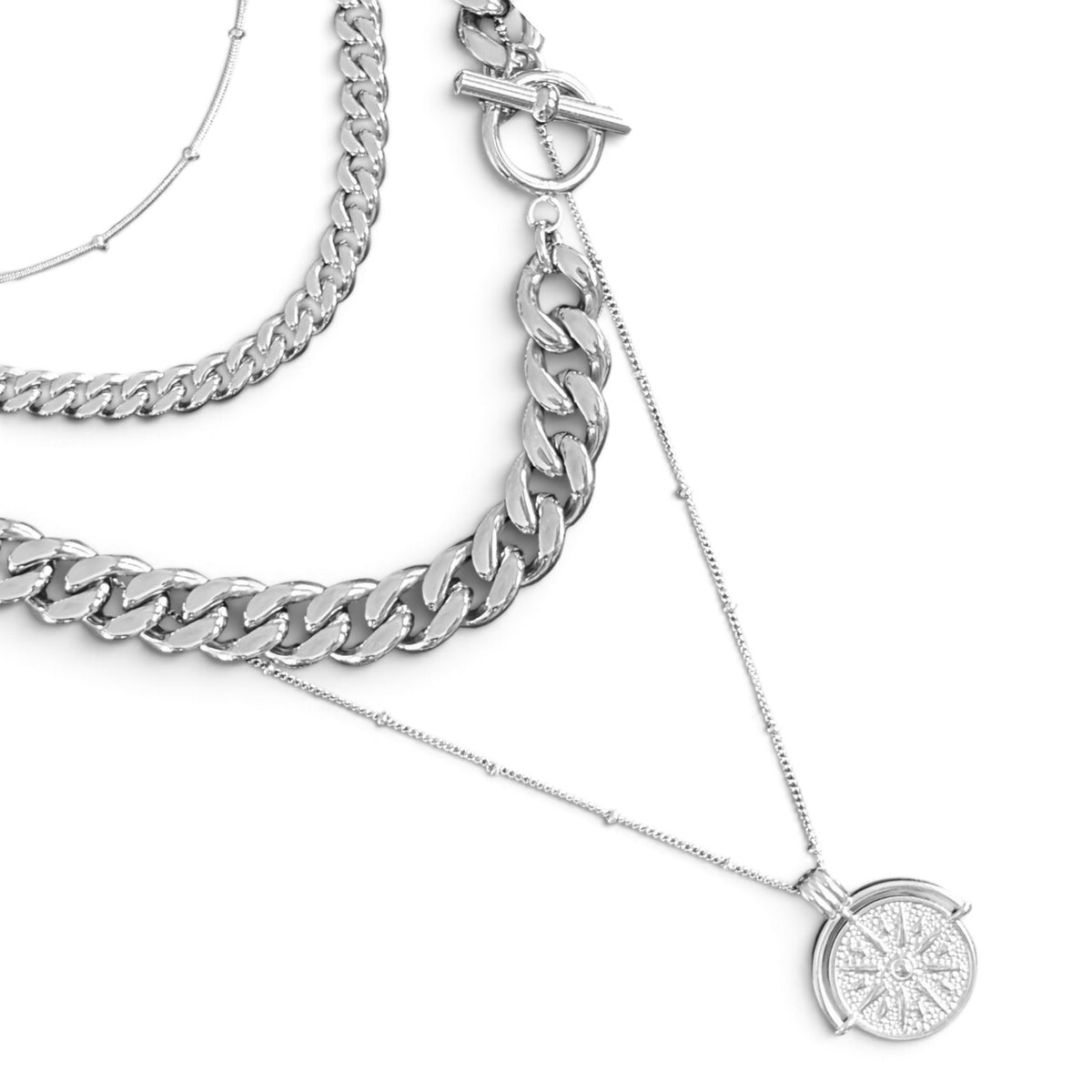 Waterproof Triple Chain Compass Necklace w/21" Chunky 10mm Cuban Curb Chain Option